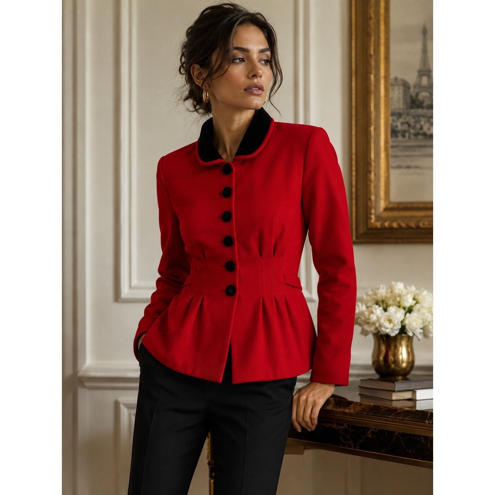 Claudie Pierlot Red Wool Peplum Jacket Black Velvet Collar Size 1 Made in France